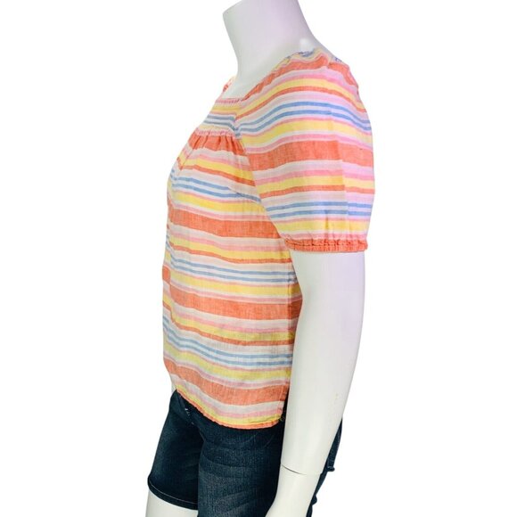 Talbots Womens Square Neck Linen Top Palm Stripe Multicolor Smocked Petite Mp - Picture 8 of 11
